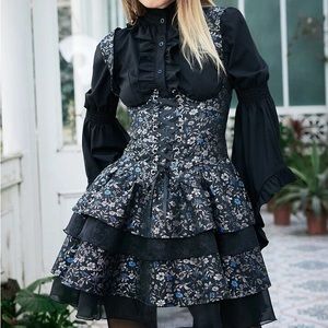 Goth Ditsy Floral Print Layered Hem Cami Dress